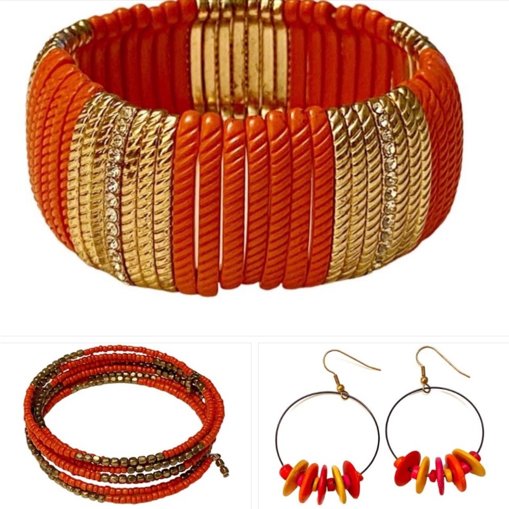 3 items-Orange&Gold Bracelets plus Orange/Yellow/Pink Beaded Hoop Earrings